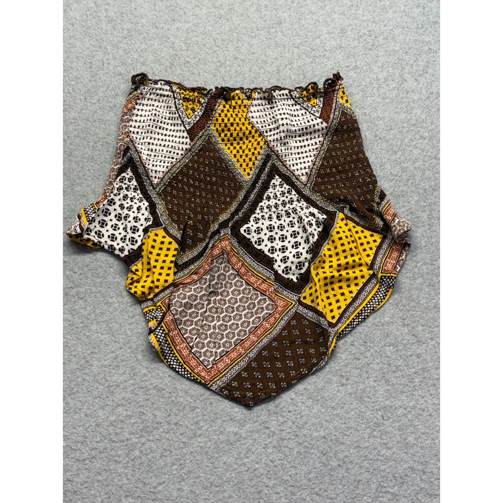 New Look Smocked Tube Top Brown Yellow Patchwork Handkerchief Hem Boho Small